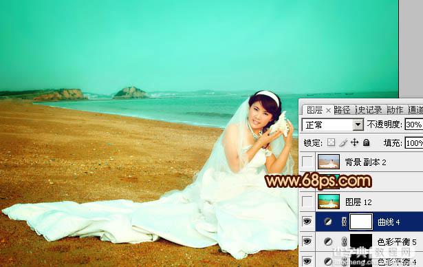 Photoshop将沙滩美女婚片调制出柔美的青黄色效果31