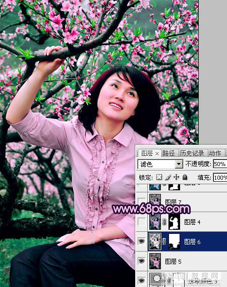 Photoshop将春季外景人物图片调成甜美的桃花色26