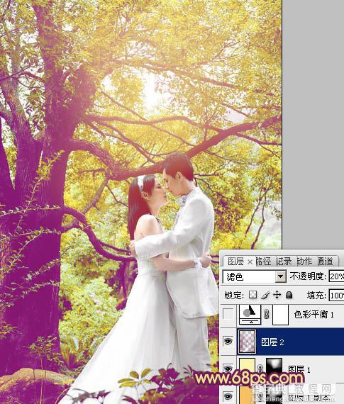 Photoshop将树林婚片增加上柔美的黄紫色效果16