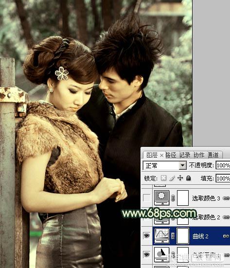 Photoshop给外景情侣图片调制出古典青黄色效果14