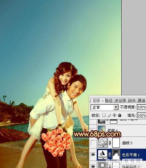 Photoshop将蓝色海景婚片调制成漂亮的晚霞阳光效果24