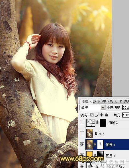 Photoshop将树林写真人物图片调制出柔美的红褐色效果24
