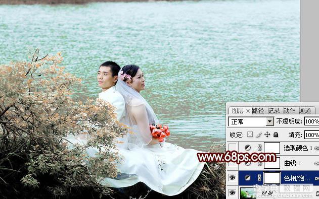 Photoshop将河景婚片打造出秋天风味的漂亮青黄色5