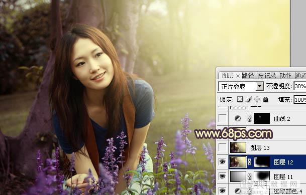 Photoshop将树林美女图片调成温馨的黄紫色27