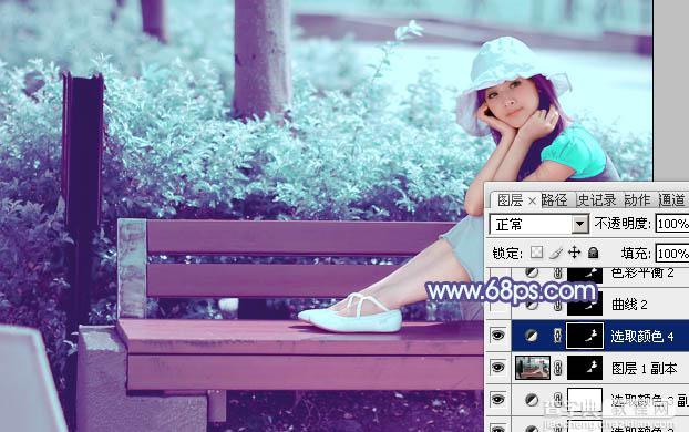 Photoshop将公园美女图片调制出梦幻唯美的淡调青紫色30
