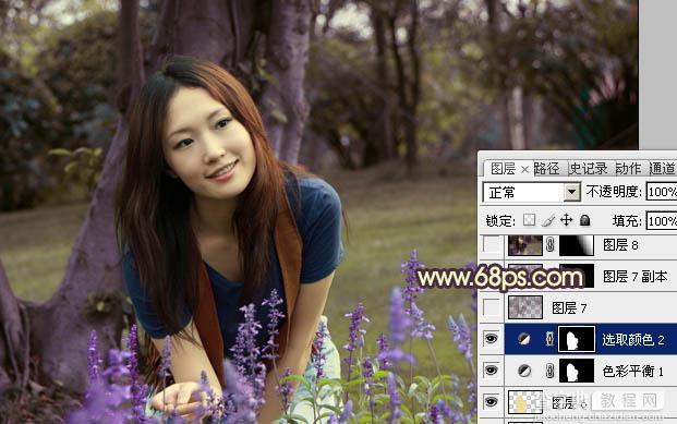 Photoshop将树林美女图片调成温馨的黄紫色16