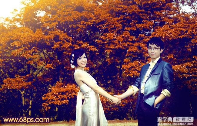 Photosho将树林情侣图片调成灿烂的橙红2