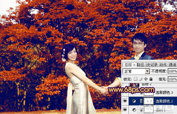 Photosho将树林情侣图片调成灿烂的橙红17