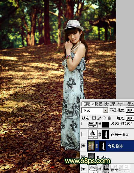 Photoshop将树林美女图片调成柔和的暗调红青色31