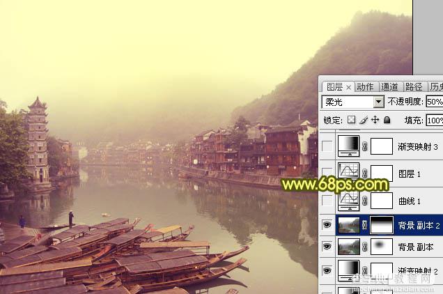 Photoshop为江畔小镇添加绚丽的朝霞色8