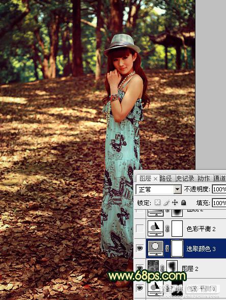 Photoshop将树林美女图片调成柔和的暗调红青色26