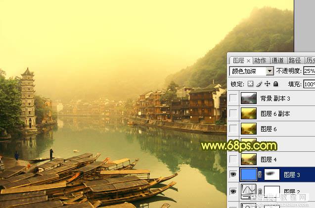 Photoshop为江畔小镇添加绚丽的朝霞色23