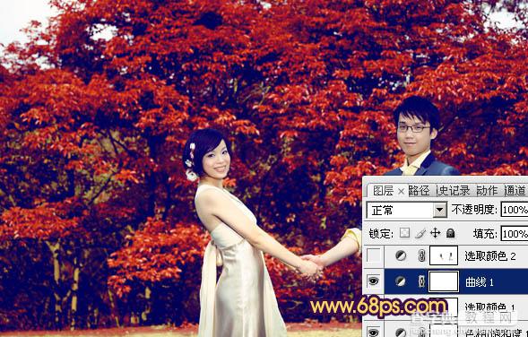 Photosho将树林情侣图片调成灿烂的橙红12