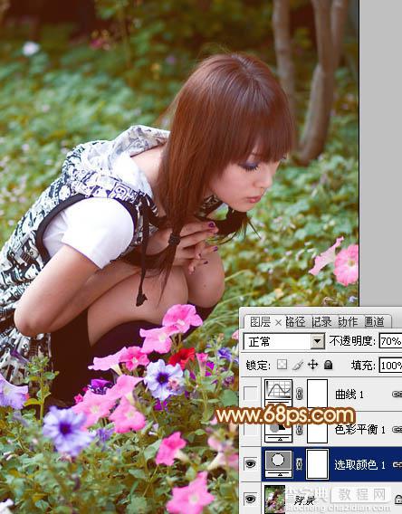 Photoshop为蹲在草地看花的美女图片增加上柔和的黄褐阳光色效果7