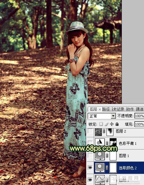 Photoshop将树林美女图片调成柔和的暗调红青色17