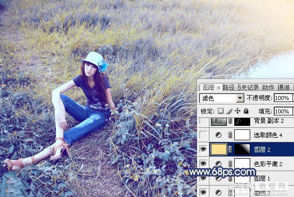 Photoshop将池塘边的人物图片调制成梦幻的蓝黄色效果29