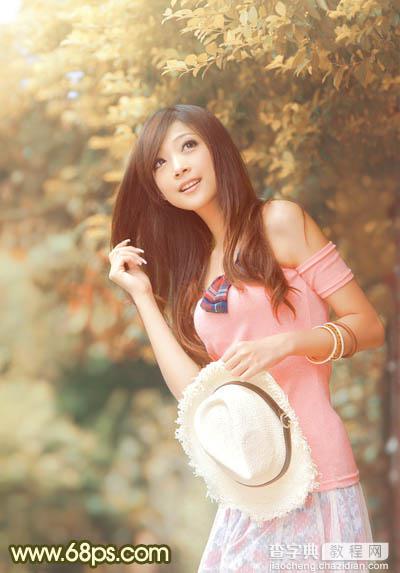 Photoshop为绿树边的美女调制出柔美的黄褐色效果34