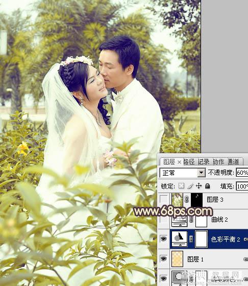 Photoshop为树林婚片调制出柔和的古典黄绿色效果19
