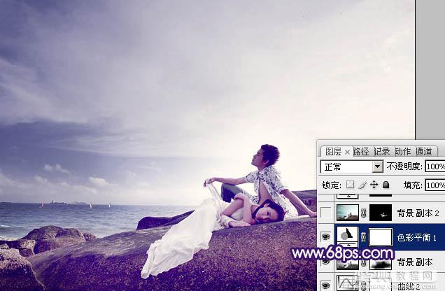 Photoshop制作经典蓝紫色海景婚片25