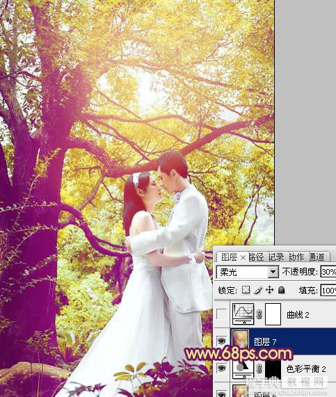 Photoshop将树林婚片增加上柔美的黄紫色效果26