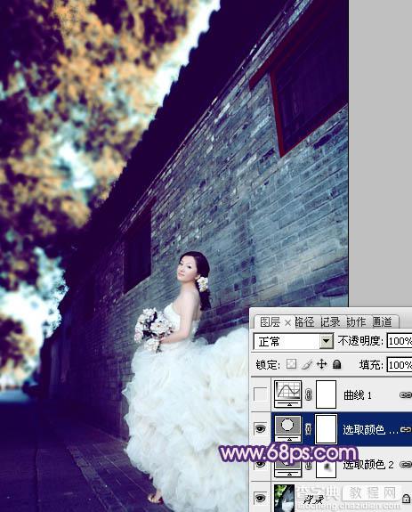 Photoshop将古建筑婚片调制出柔和的橙蓝色效果10