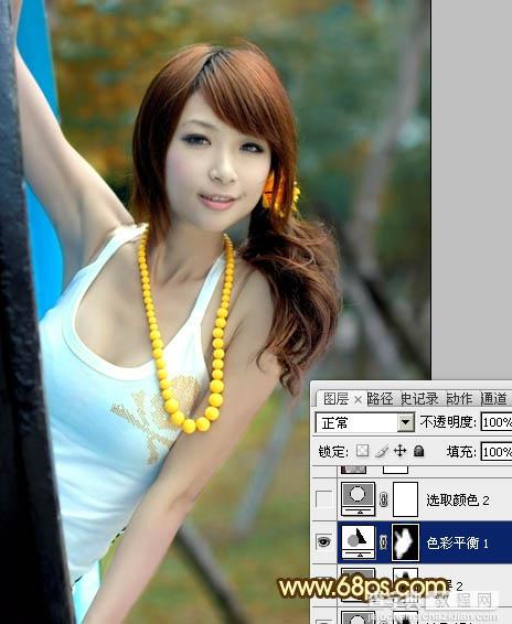 Photoshop将公园美女图片调制出甜美的青红色效果10