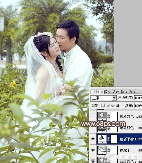 Photoshop为树林婚片调制出柔和的古典黄绿色效果12