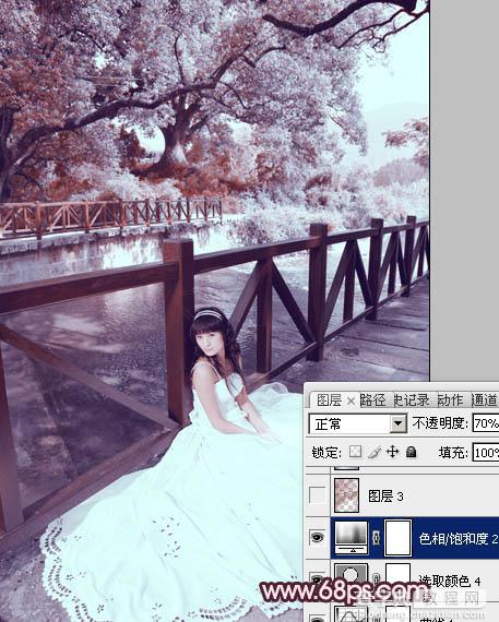Photoshop将河边美女婚片调成梦幻的紫红色方法28