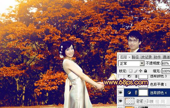 Photosho将树林情侣图片调成灿烂的橙红26