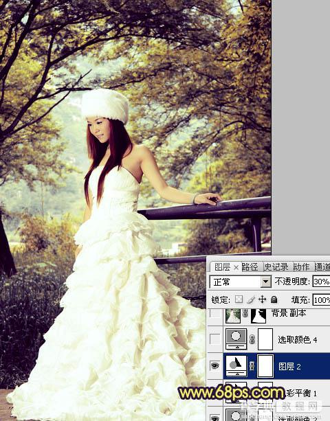 Photoshop将树林美女婚片调制成梦幻的黄蓝色22