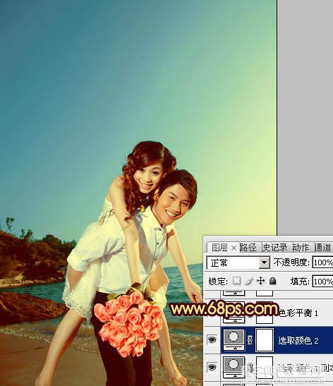 Photoshop将蓝色海景婚片调制成漂亮的晚霞阳光效果19