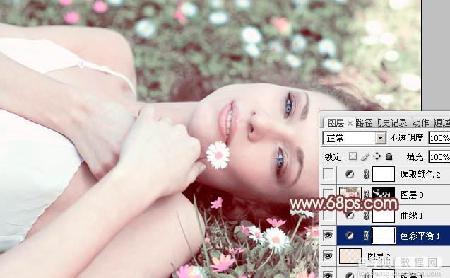 Photoshop将草地美女图片调制出流行的欧美粉褐色效果12