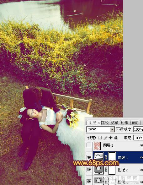 Photoshop为池塘边情侣图片增加上温暖的霞光色效果11