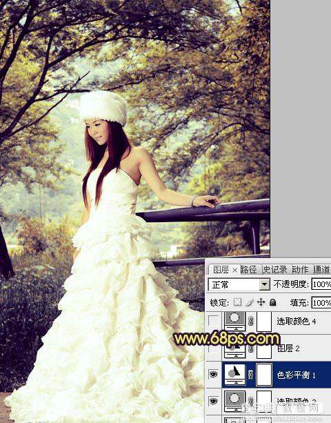Photoshop将树林美女婚片调制成梦幻的黄蓝色21