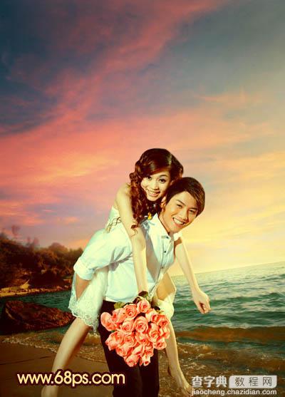 Photoshop将蓝色海景婚片调制成漂亮的晚霞阳光效果33