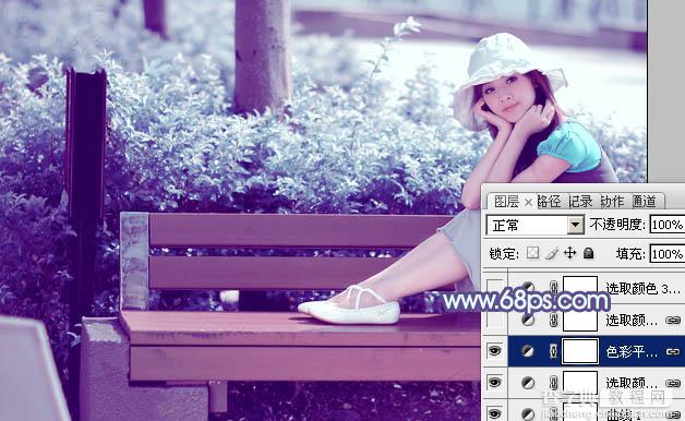 Photoshop将公园美女图片调制出梦幻唯美的淡调青紫色21