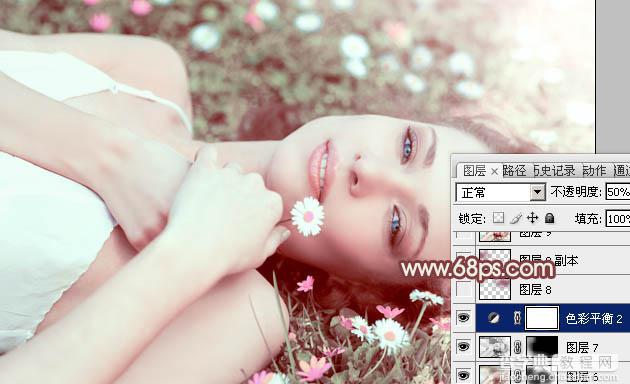Photoshop将草地美女图片调制出流行的欧美粉褐色效果26
