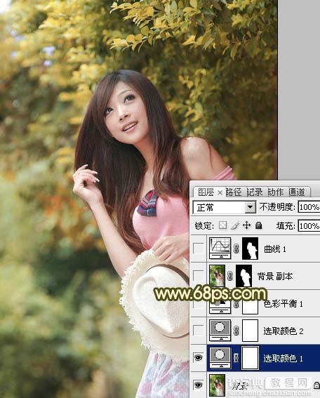 Photoshop为绿树边的美女调制出柔美的黄褐色效果5