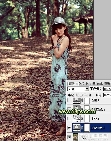 Photoshop将树林美女图片调成柔和的暗调红青色9