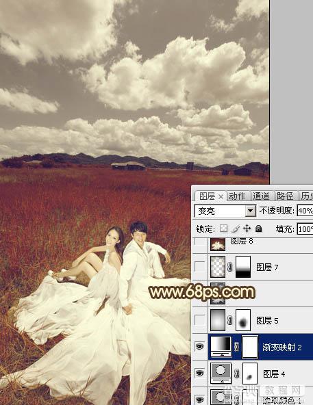 Photoshop制作暗红色草原婚片23