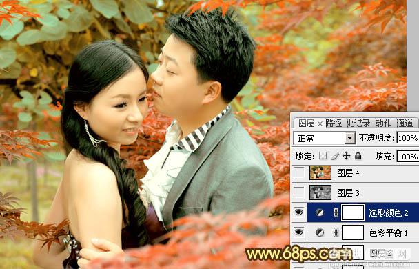 Photoshop制作柔美的橙红色树林婚片20