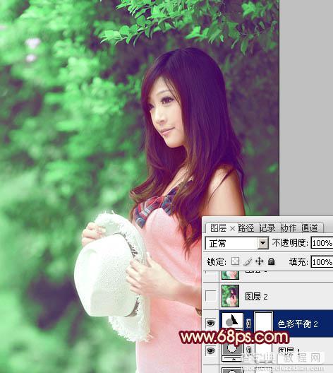 Photoshop将树林美女图片调成甜美的青绿色31