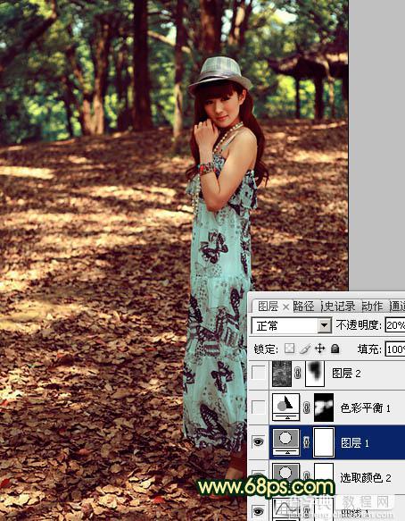 Photoshop将树林美女图片调成柔和的暗调红青色18
