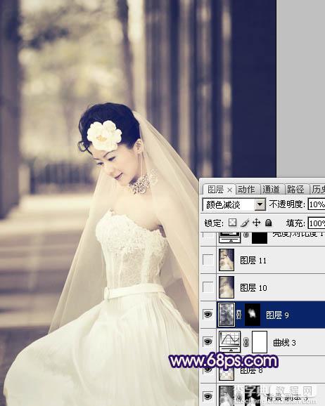 Photoshop制作古典暗蓝色外景美女婚片18