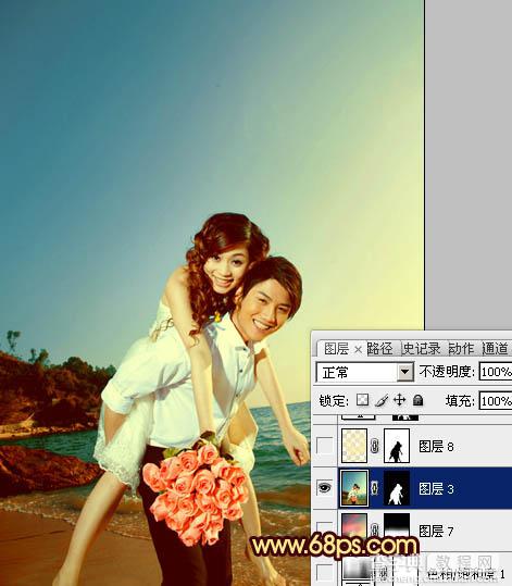 Photoshop将蓝色海景婚片调制成漂亮的晚霞阳光效果27