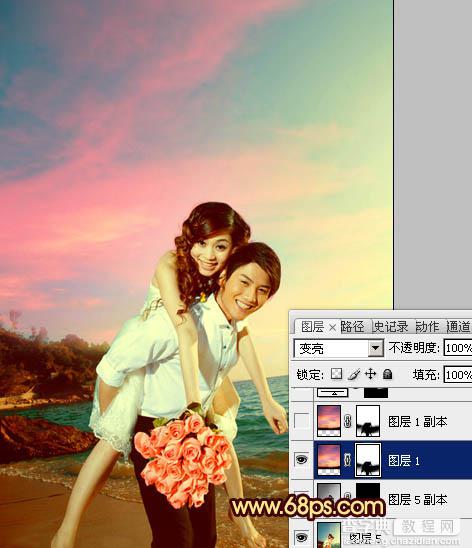 Photoshop将蓝色海景婚片调制成漂亮的晚霞阳光效果29