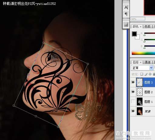 photoshop 利用素材给美女编制一张花纹脸7