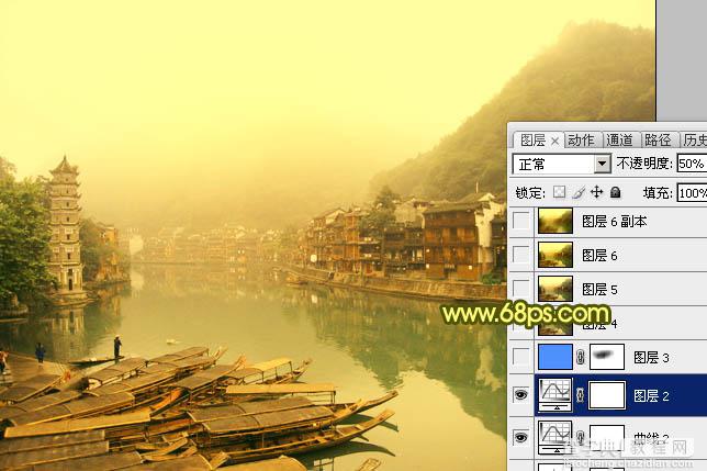 Photoshop为江畔小镇添加绚丽的朝霞色22