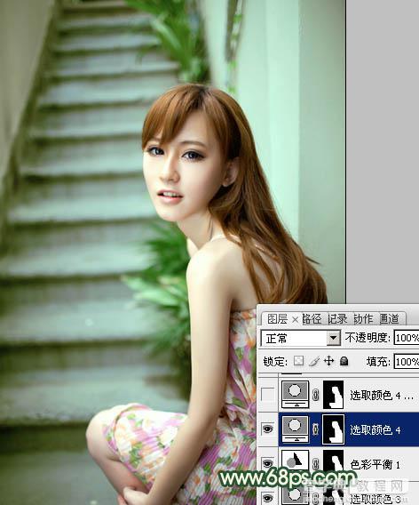 Photoshop将楼梯边美女图片调制出甜美的青绿色效果24