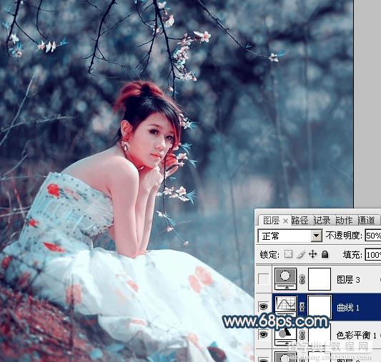 Photoshop为外景美女图片调制出甜美的古典暗青色16